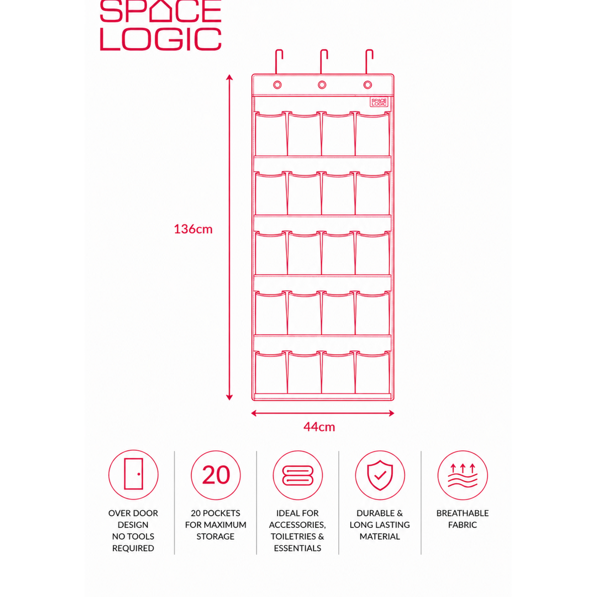 Space Logic 20 Pocket Over Door Organiser Grey Herringbone