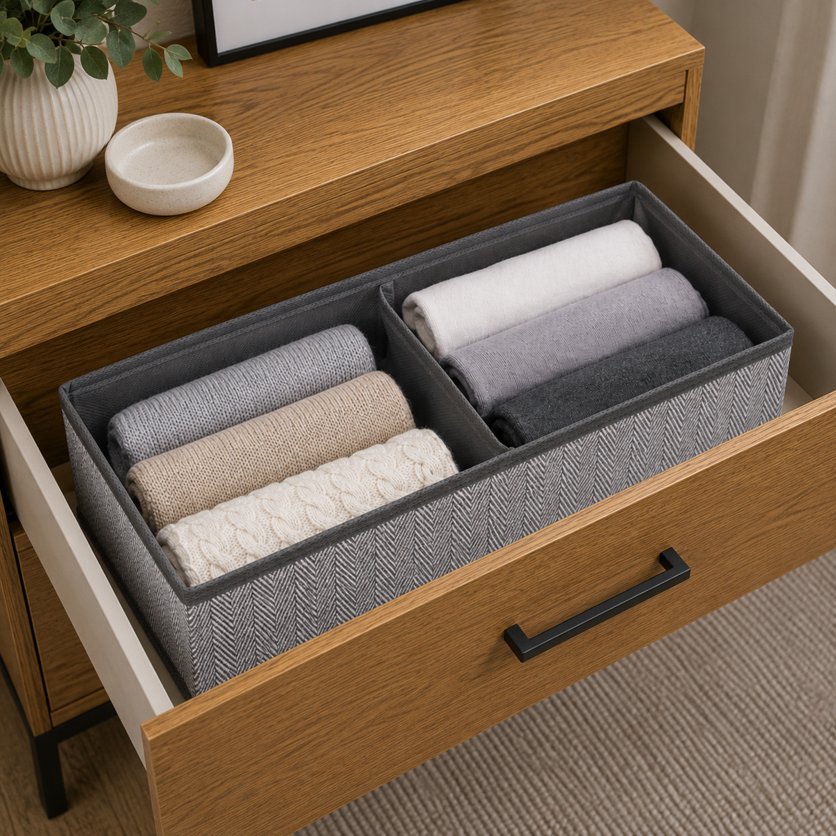 Space Logic Oblong Drawer Divider 2-Section Grey Herringbone