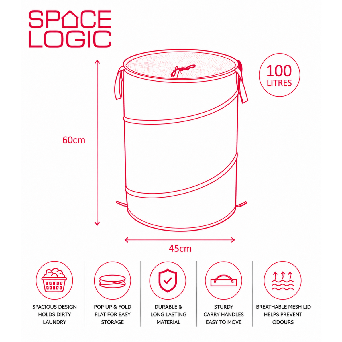 Space Logic POP UP Laundry Hamper Urban Grey 100L